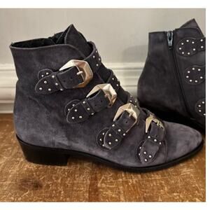 Revolve Toral Gray Buckle Studded Suede Ankle Booties 38 7.5 Made in Spain